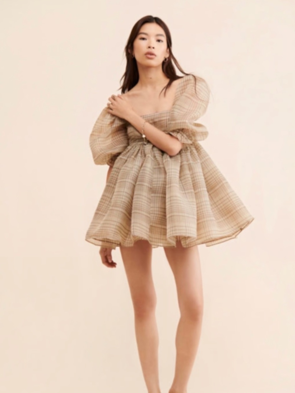 Selkie Brown Plaid Puff Sleeve Mini Dress - S